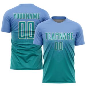 Light Blue Teal Cream Sublimation Soccer Uniform…