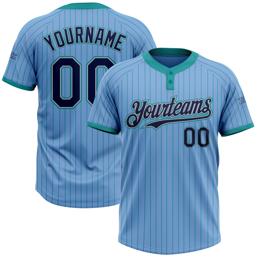 Light Blue Teal Pinstripe Navy Gray Two Button Unisex Softball Jersey, Custom Team Softball Jersey