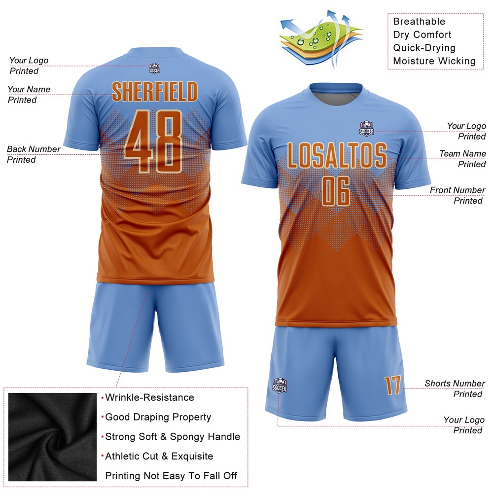 Light Blue Texas Orange Cream Sublimation Soccer Uniform Jersey, Custom Team Soccer Jersey Shirt
