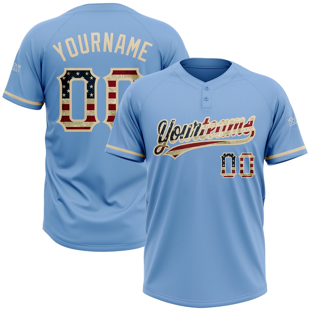 Light Blue Vintage USA Flag City Cream Two Button Unisex Softball Jersey, Custom Team Softball Jersey Light Blue Vintage USA Flag City Cream Two Button Unisex Softball Jersey, Custom Team Softball Jersey