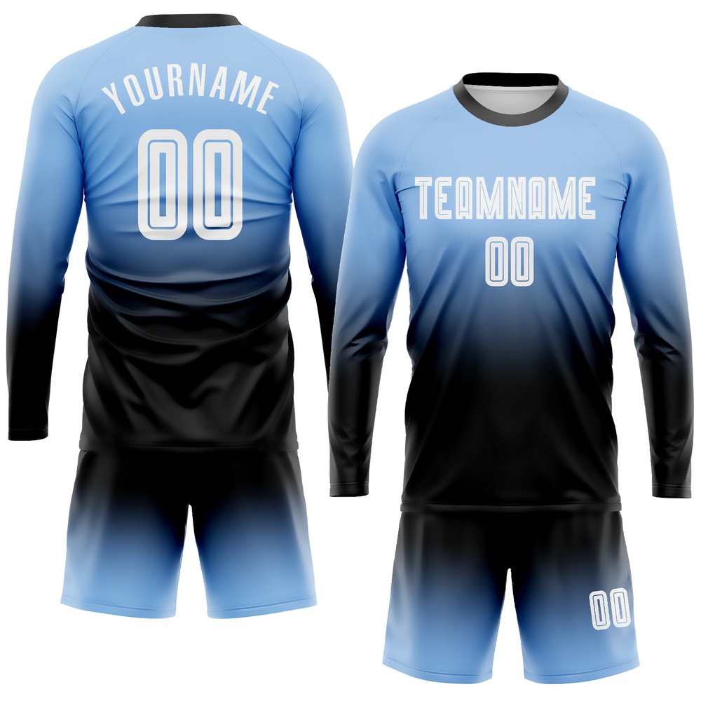 Light Blue White Black Sublimation Long Sleeve Fade Fashion Soccer Uniform Jersey, Custom Team Soccer Jersey Shirt Light Blue White Black Sublimation Long Sleeve Fade Fashion Soccer Uniform Jersey, Custom Team Soccer Jersey Shirt