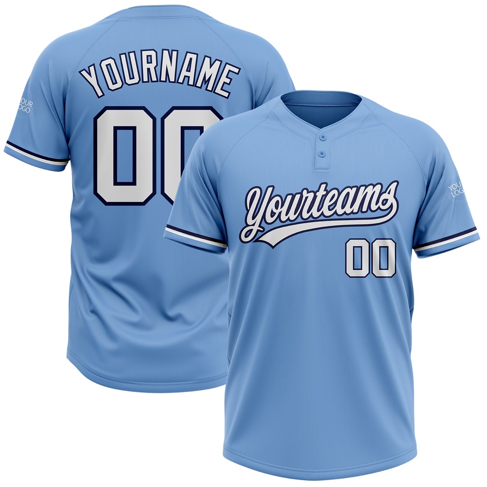 Light Blue White Navy Two Button Unisex Softball Jersey, Custom Team Softball Jersey