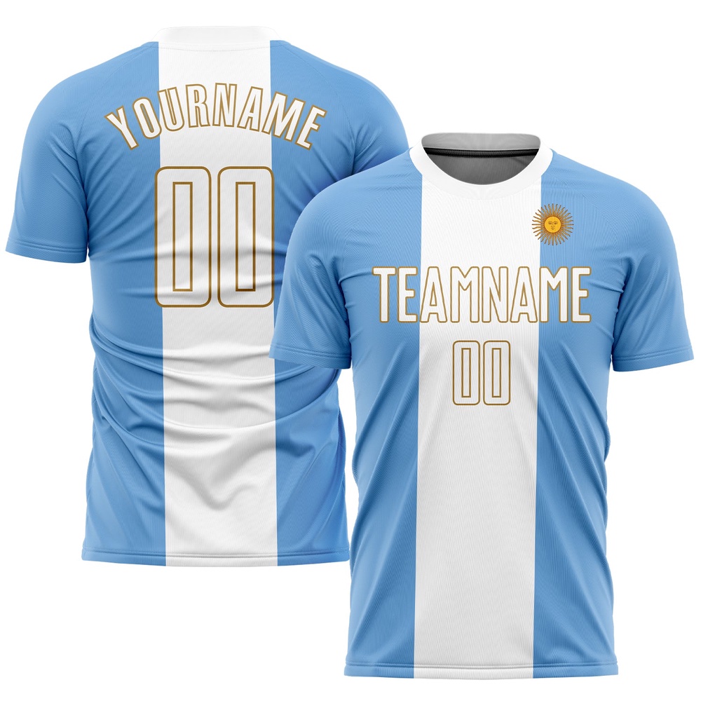 Light Blue White Old Gold Sublimation Argentinian Flag Soccer Uniform Jersey, Custom Team Soccer Jersey Shirt Light Blue White Old Gold Sublimation Argentinian Flag Soccer Uniform Jersey, Custom Team Soccer Jersey Shirt