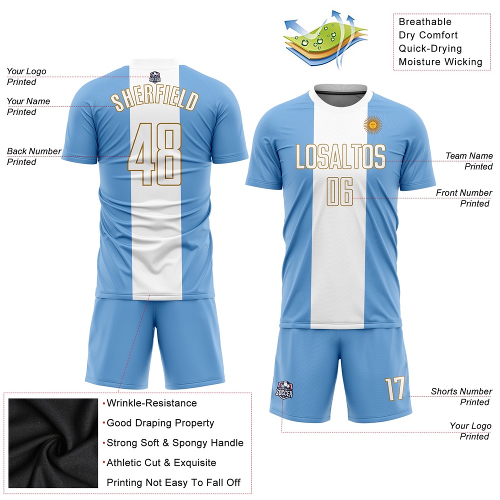 Light Blue White Old Gold Sublimation Argentinian Flag Soccer Uniform Jersey, Custom Team Soccer Jersey Shirt Light Blue White Old Gold Sublimation Argentinian Flag Soccer Uniform Jersey, Custom Team Soccer Jersey Shirt