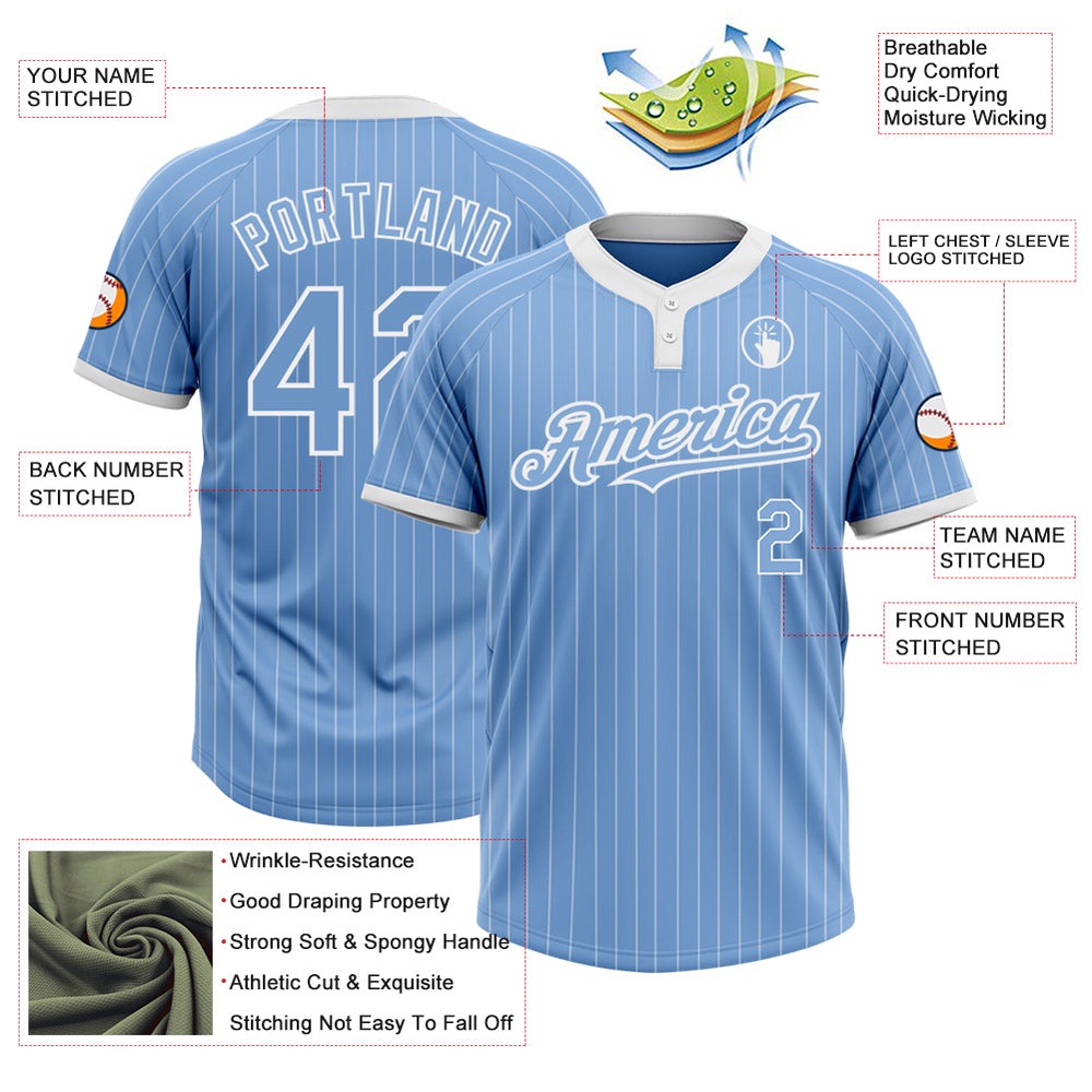 Light Blue White Pinstripe White Two Button Unisex Softball Jersey, Custom Team Softball Jersey Light Blue White Pinstripe White Two Button Unisex Softball Jersey, Custom Team Softball Jersey