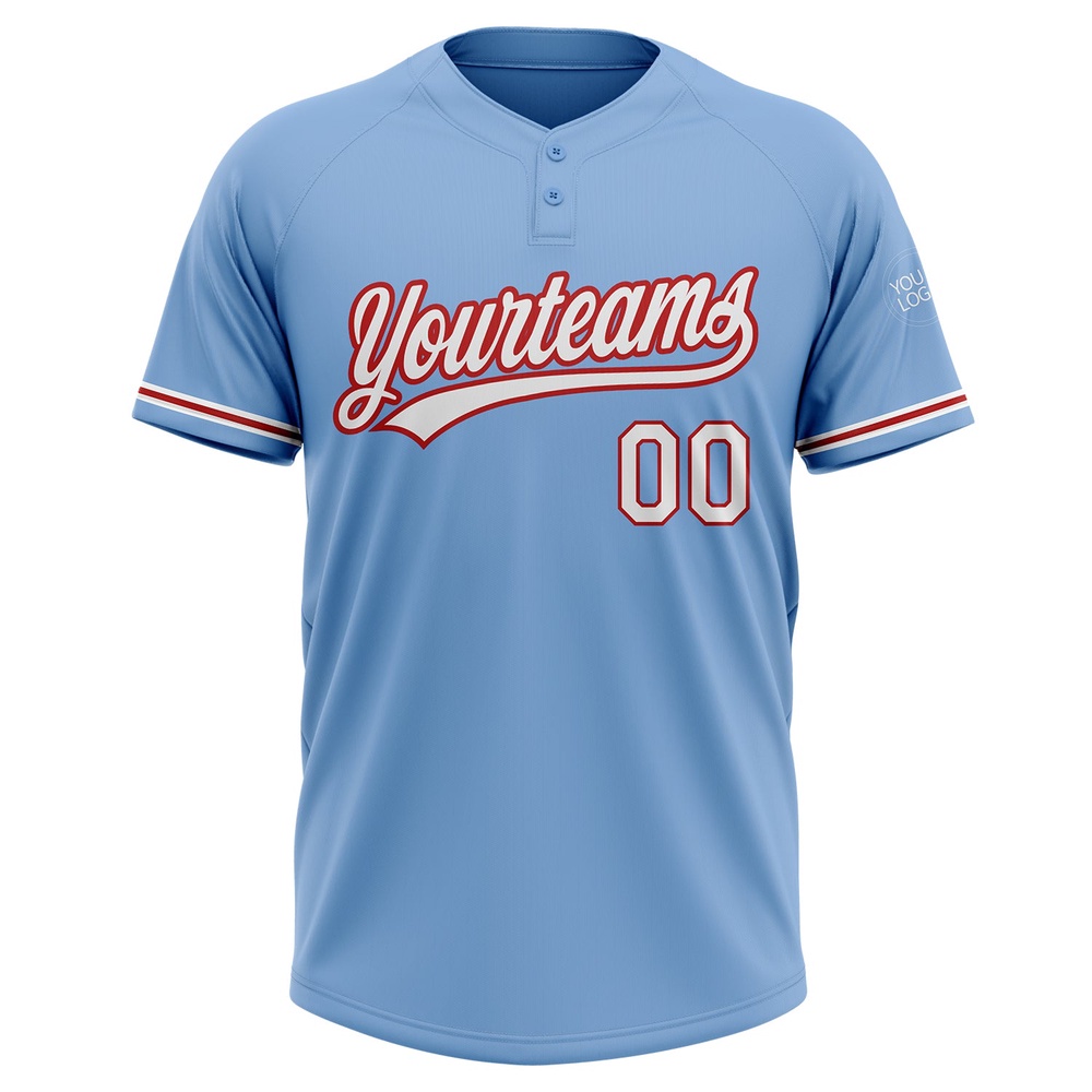Light Blue White Red Two Button Unisex Softball Jersey, Custom Team Softball Jersey Light Blue White Red Two Button Unisex Softball Jersey, Custom Team Softball Jersey