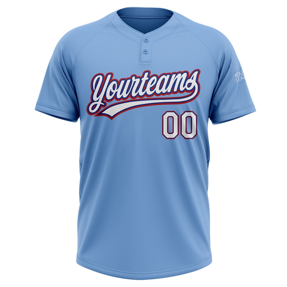 Light Blue White Royal Red Two Button Unisex Softball Jersey, Custom Team Softball Jersey Light Blue White Royal Red Two Button Unisex Softball Jersey, Custom Team Softball Jersey