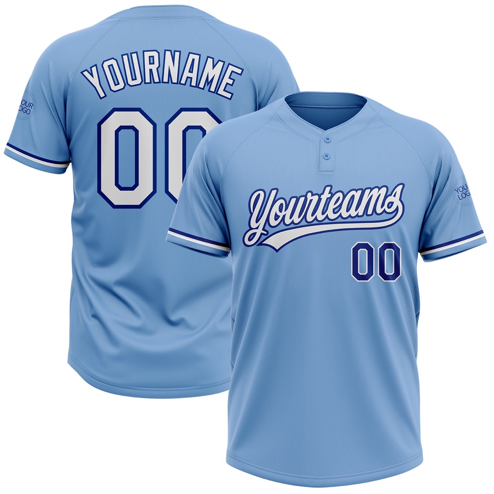 Light Blue White Royal Two Button Unisex Softball Jersey, Custom Team Softball Jersey Light Blue White Royal Two Button Unisex Softball Jersey, Custom Team Softball Jersey