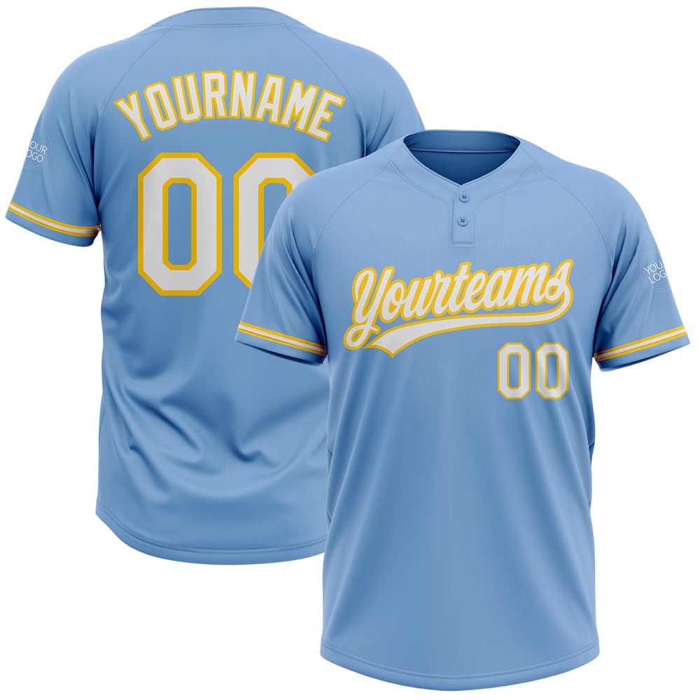 Light Blue White Yellow Two Button Unisex Softball Jersey, Custom Team Softball Jersey Light Blue White Yellow Two Button Unisex Softball Jersey, Custom Team Softball Jersey