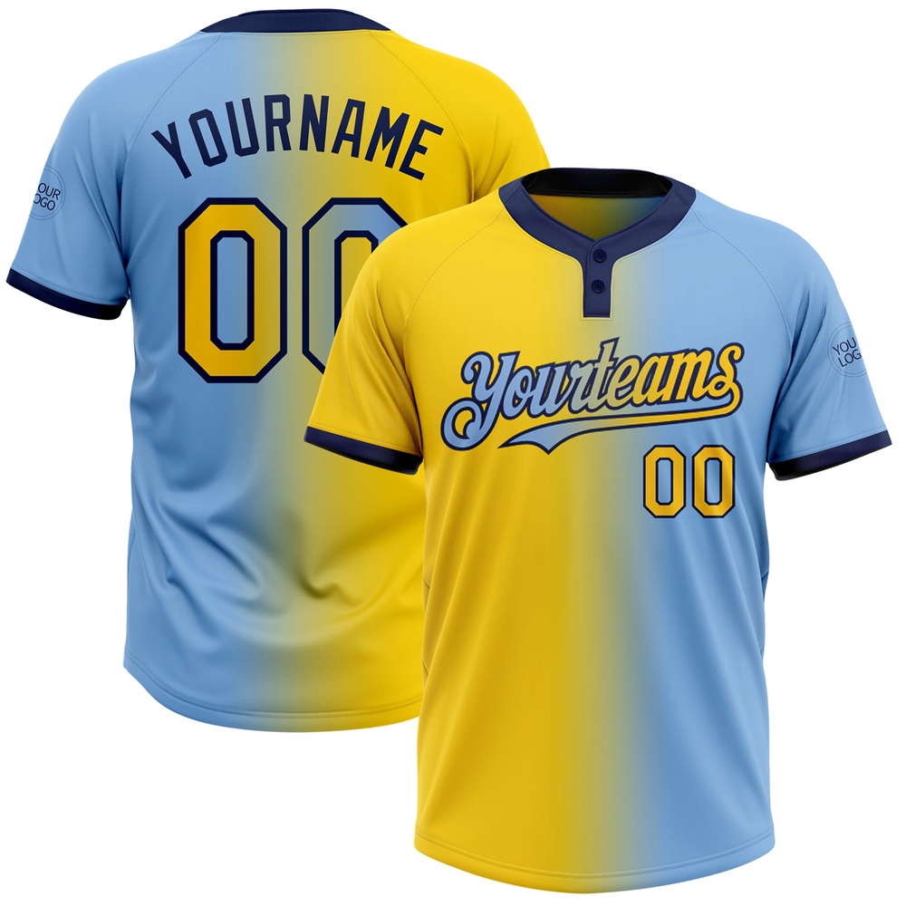 Light Blue Yellow Navy Gradient Fashion Two Button Unisex Softball Jersey, Custom Team Softball Jersey Light Blue Yellow Navy Gradient Fashion Two Button Unisex Softball Jersey, Custom Team Softball Jersey
