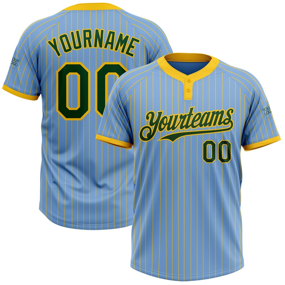 Light Blue Yellow Pinstripe Green Two Button Unisex Softball Jersey, Custom Team Softball Jersey Light Blue Yellow Pinstripe Green Two Button Unisex Softball Jersey, Custom Team Softball Jersey
