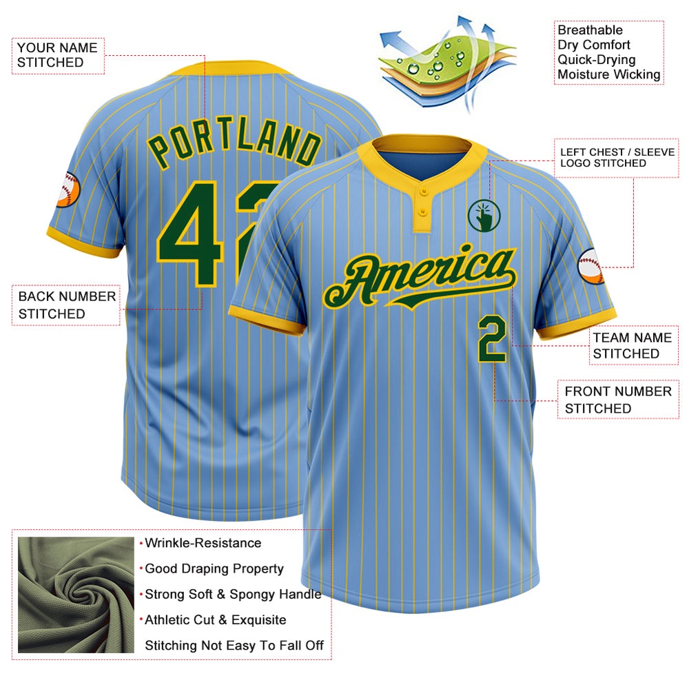 Light Blue Yellow Pinstripe Green Two Button Unisex Softball Jersey, Custom Team Softball Jersey Light Blue Yellow Pinstripe Green Two Button Unisex Softball Jersey, Custom Team Softball Jersey