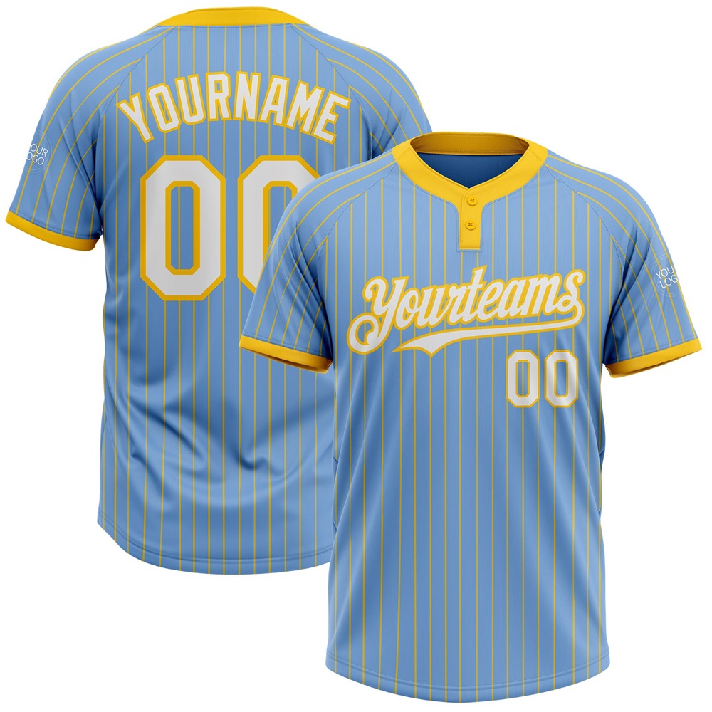 Light Blue Yellow Pinstripe White Two Button Unisex Softball Jersey, Custom Team Softball Jersey Light Blue Yellow Pinstripe White Two Button Unisex Softball Jersey, Custom Team Softball Jersey
