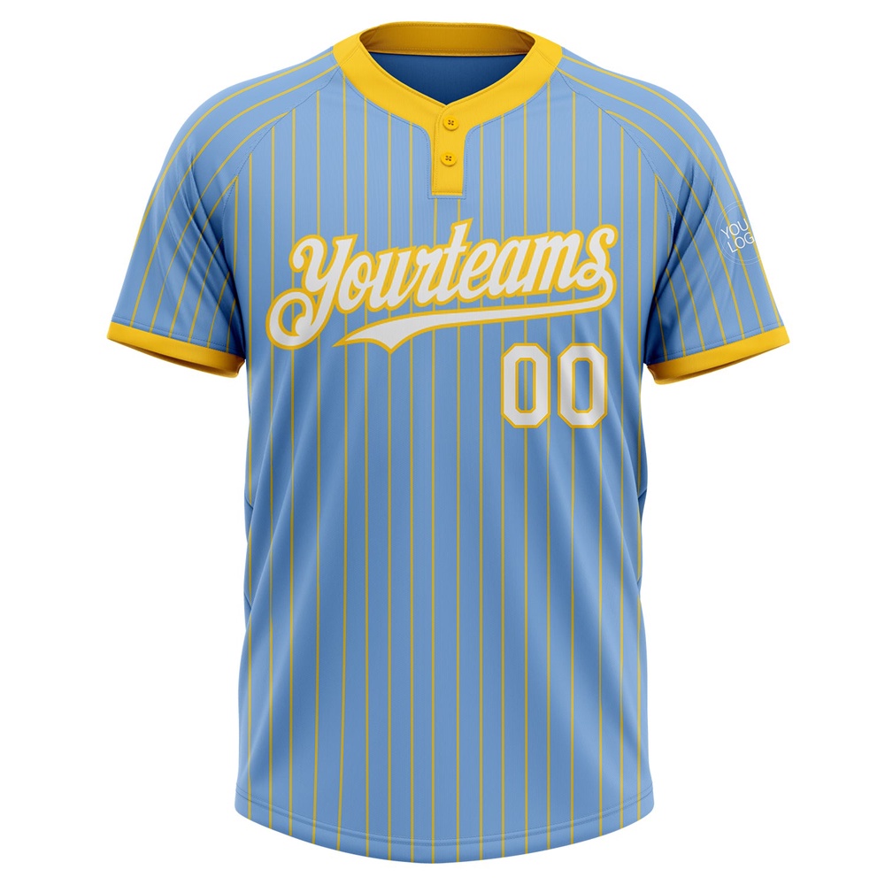 Light Blue Yellow Pinstripe White Two Button Unisex Softball Jersey, Custom Team Softball Jersey Light Blue Yellow Pinstripe White Two Button Unisex Softball Jersey, Custom Team Softball Jersey