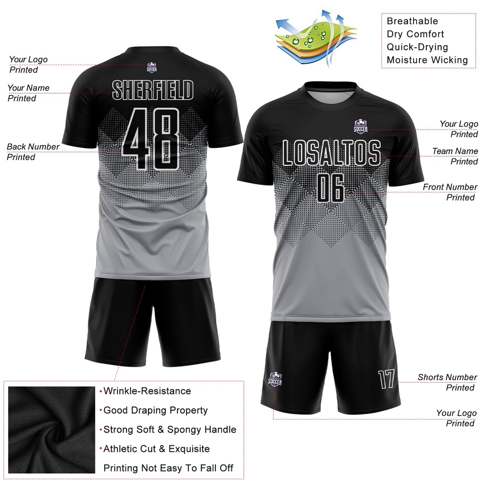Light Gray Black White Sublimation Soccer Uniform Jersey, Custom Team Soccer Jersey Shirt