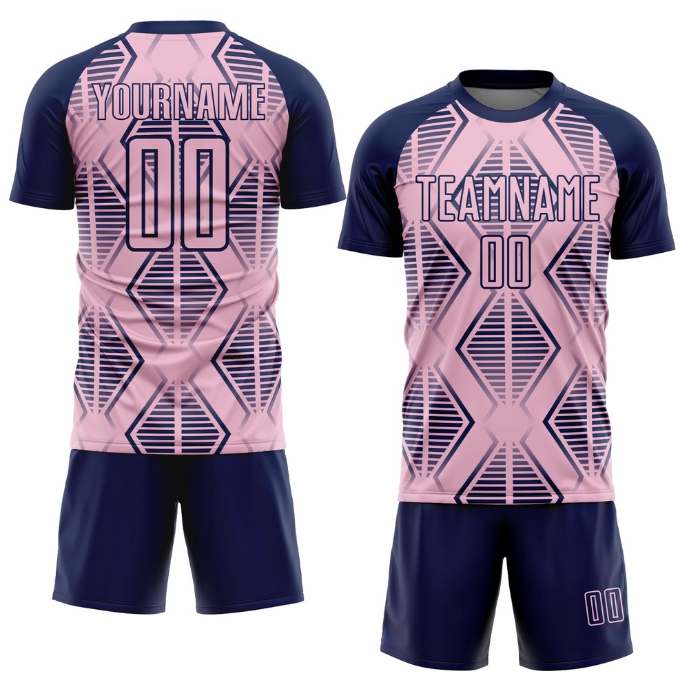 Light Pink Navy Geometric Shapes Sublimation Soccer Uniform Jersey, Custom Team Soccer Jersey Shirt