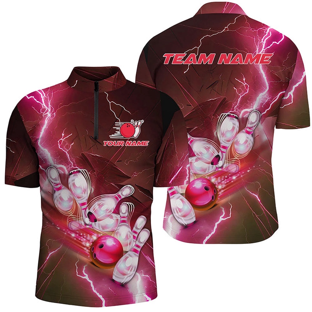 Lightning Strike Red Bowling Jersey, Bowling Team Jersey For Men, Custom Bowling Team Jersey Shirt