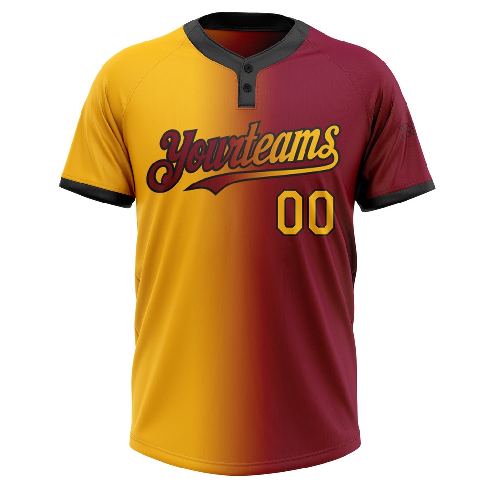Maroon Gold Black Gradient Fashion Two Button Unisex Softball Jersey, Custom Team Softball Jersey