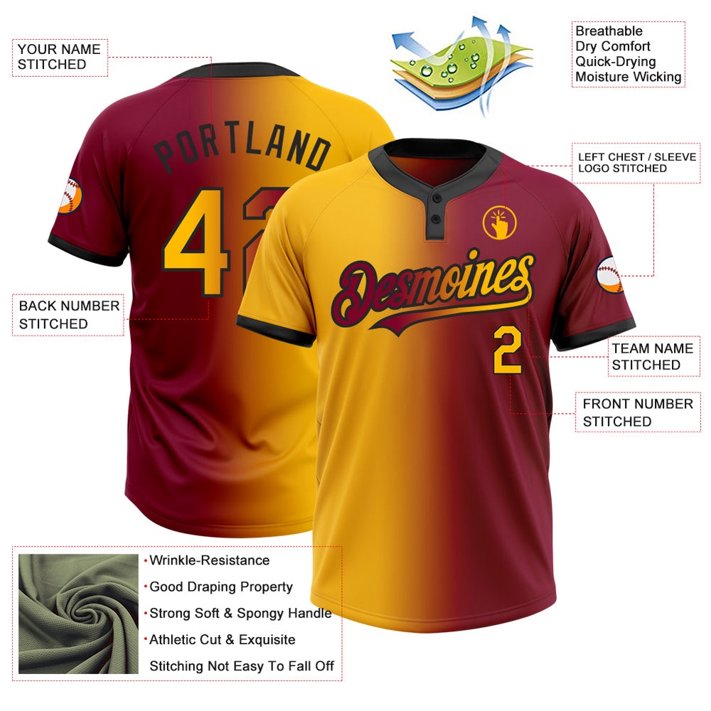 Maroon Gold Black Gradient Fashion Two Button Unisex Softball Jersey, Custom Team Softball Jersey