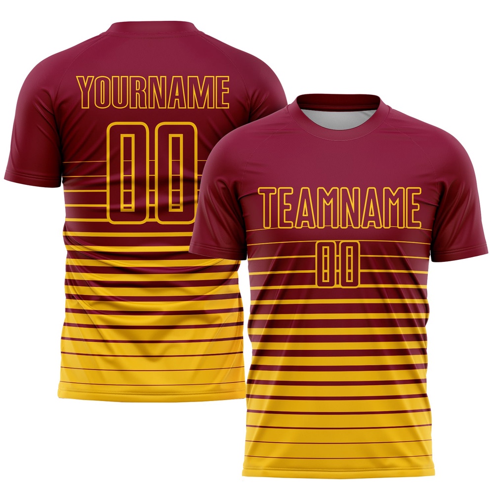 Maroon Yellow Pinstripe Fade Fashion Sublimation Soccer Uniform Jersey, Custom Team Soccer Jersey Shirt