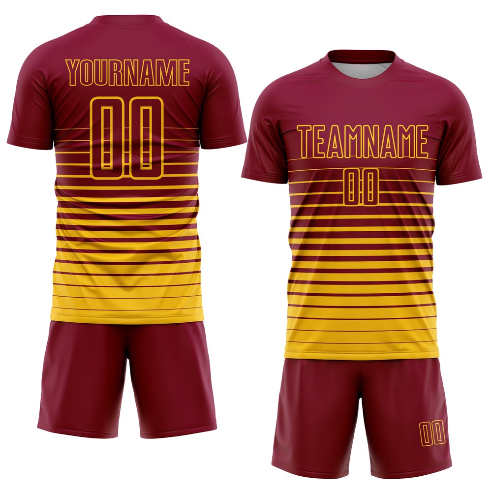 Maroon Yellow Pinstripe Fade Fashion Sublimation Soccer Uniform Jersey, Custom Team Soccer Jersey Shirt