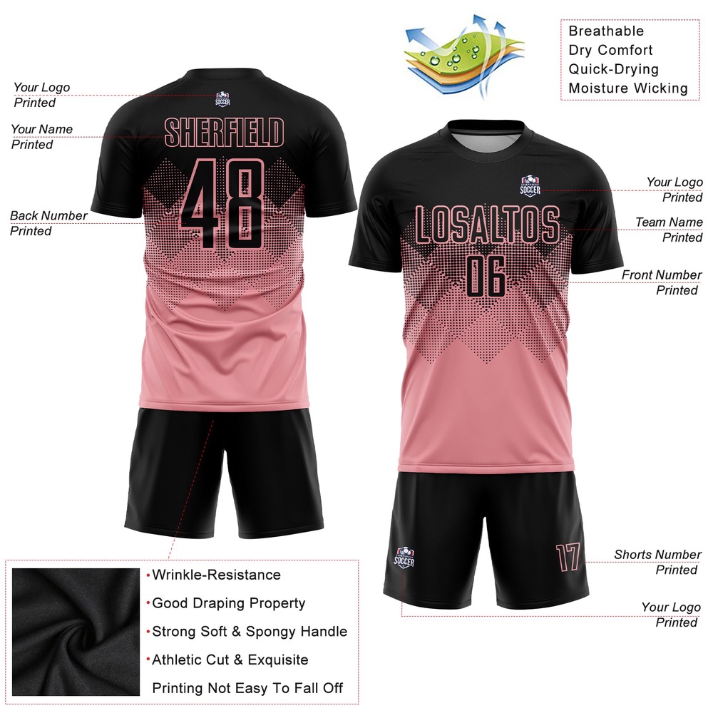 Medium Pink Black Sublimation Soccer Uniform Jersey, Custom Team Soccer Jersey Shirt Medium Pink Black Sublimation Soccer Uniform Jersey, Custom Team Soccer Jersey Shirt