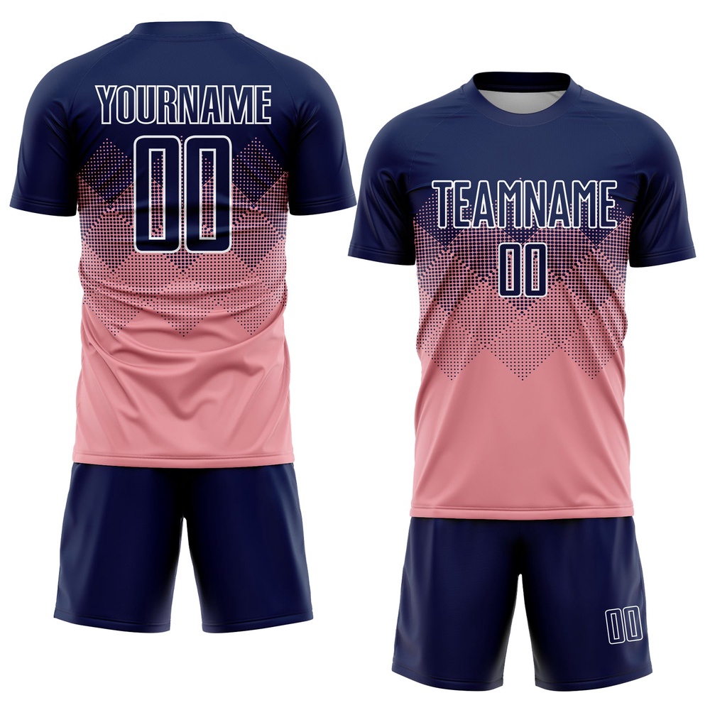 Medium Pink Navy White Sublimation Soccer Uniform Jersey, Custom Team Soccer Jersey Shirt Medium Pink Navy White Sublimation Soccer Uniform Jersey, Custom Team Soccer Jersey Shirt