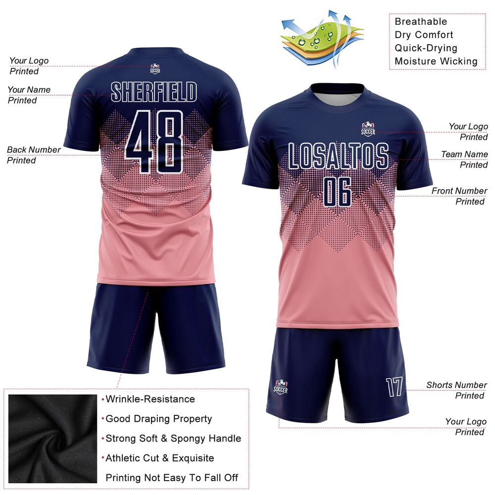 Medium Pink Navy White Sublimation Soccer Uniform Jersey, Custom Team Soccer Jersey Shirt Medium Pink Navy White Sublimation Soccer Uniform Jersey, Custom Team Soccer Jersey Shirt