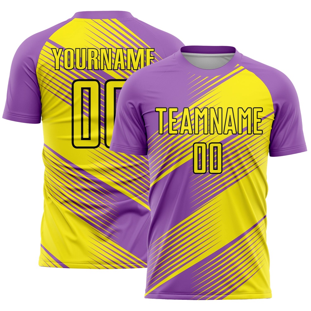 Medium Purple Light Yellow Black Line Sublimation Soccer Uniform Jersey, Custom Team Soccer Jersey Shirt Medium Purple Light Yellow Black Line Sublimation Soccer Uniform Jersey, Custom Team Soccer Jersey Shirt