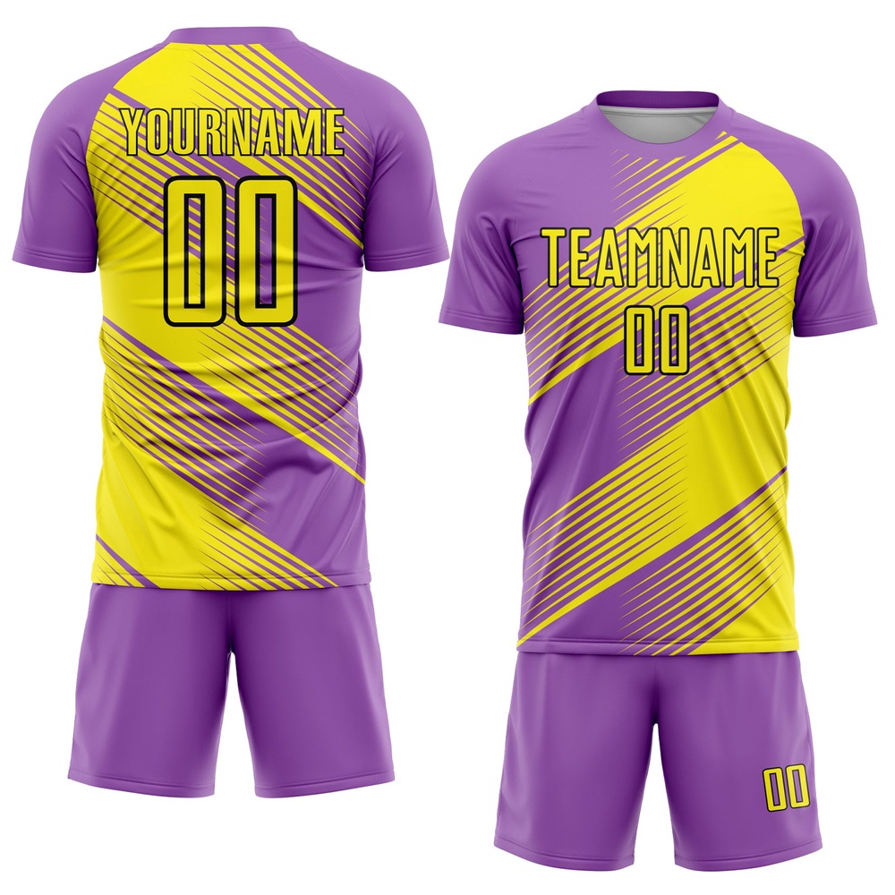 Medium Purple Light Yellow Black Line Sublimation Soccer Uniform Jersey, Custom Team Soccer Jersey Shirt Medium Purple Light Yellow Black Line Sublimation Soccer Uniform Jersey, Custom Team Soccer Jersey Shirt