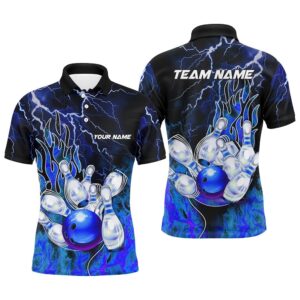 Men Bowling Polo Shirt Custom Blue Lightning…