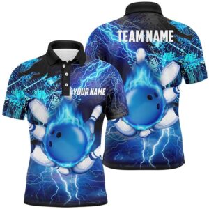 Men Bowling Polo Shirt Custom Flame Lightning…