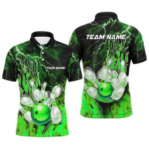 Men Bowling Polo Shirt Custom Green Lightning…
