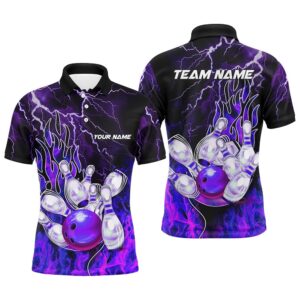 Men Bowling Polo Shirt Custom Purple Lightning…