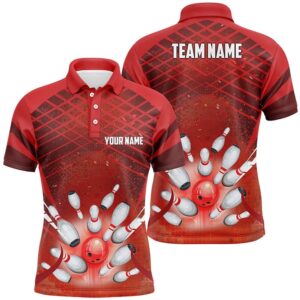 Men Bowling Polo Shirt Custom Red Light…