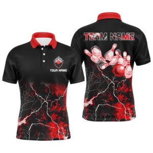 Men Bowling Polo Shirt Red Lightning Thunder…