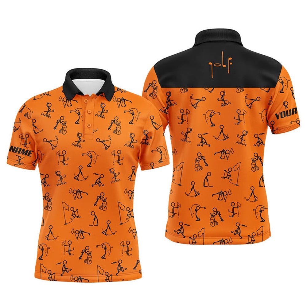 Men Golf Polo Shirts Custom Name Funny Golf Pattern, Black Orange Polo Shirt Golf Outfit Men, Golf Polo Shirt, Golf Shirts