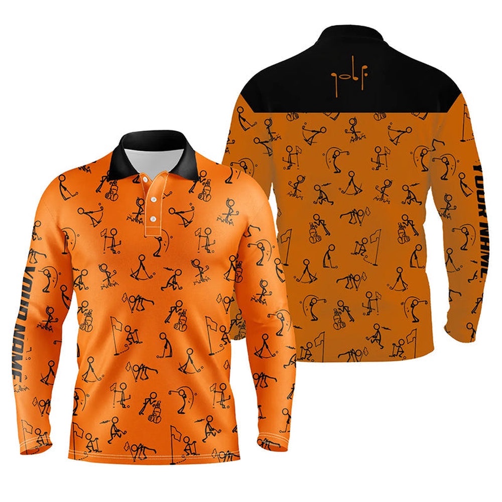 Men Golf Polo Shirts Custom Name Funny Golf Pattern, Black Orange Polo Shirt Golf Outfit Men, Golf Polo Shirt, Golf Shirts