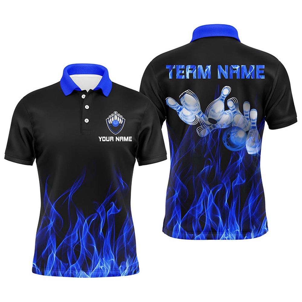 Men Polo Bowling Shirt Blue Flame Bowling Ball And Pins Bowling Polo Shirt For Men Bowler, Personalized Bowling Team Shirt Men Polo Bowling Shirt Blue Flame Bowling Ball And Pins Bowling Polo Shirt For Men Bowler, Personalized Bowling Team Shirt