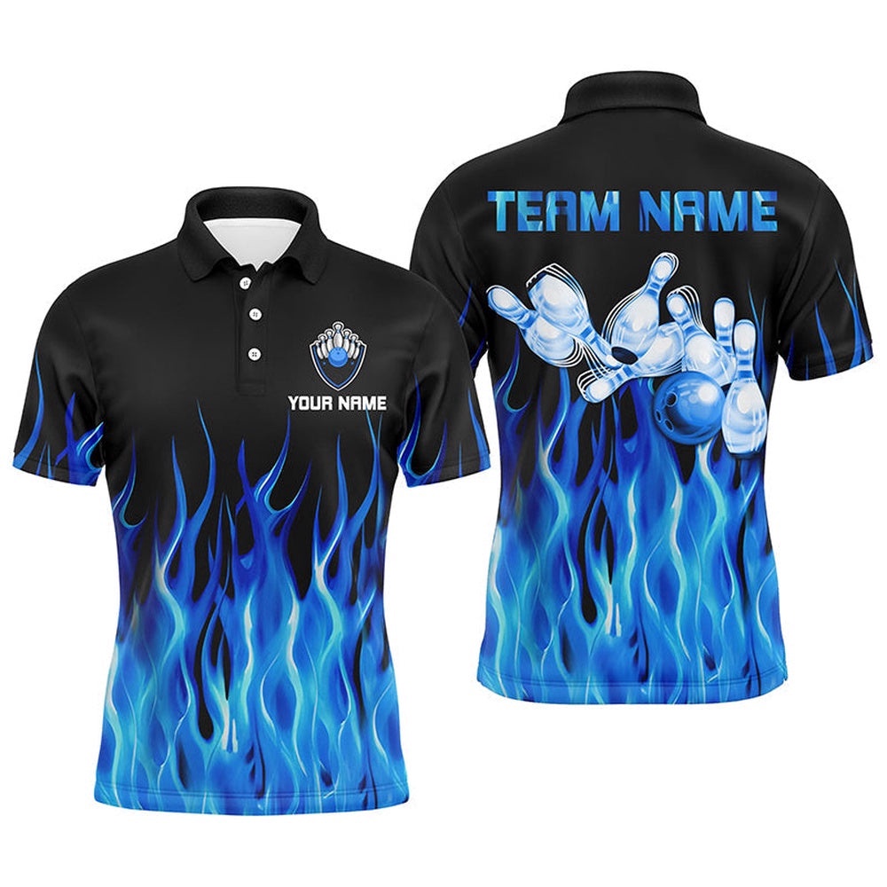 Men Polo Bowling Shirt Blue Flame Bowling Ball Pins Bowling Polo Shirt For Men Bowler, Personalized Bowling Team Shirt Men Polo Bowling Shirt Blue Flame Bowling Ball Pins Bowling Polo Shirt For Men Bowler, Personalized Bowling Team Shirt