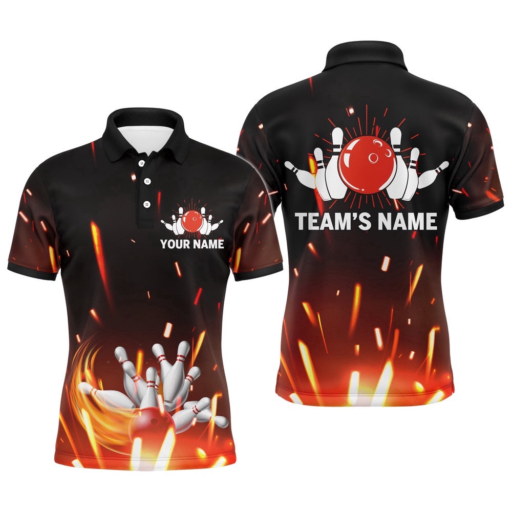 Men Polo Bowling Shirt Flame Bowling Ball And Pins Short Sleeve Polo For Men Bowlers, Personalized Bowling Team Shirt Men Polo Bowling Shirt Flame Bowling Ball And Pins Short Sleeve Polo For Men Bowlers, Personalized Bowling Team Shirt
