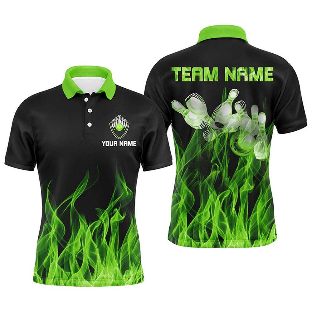 Men Polo Bowling Shirt Green Flame Bowling Ball And Pins Bowling Polo Shirt For Men Bowler, Personalized Bowling Team Shirt Men Polo Bowling Shirt Green Flame Bowling Ball And Pins Bowling Polo Shirt For Men Bowler, Personalized Bowling Team Shirt