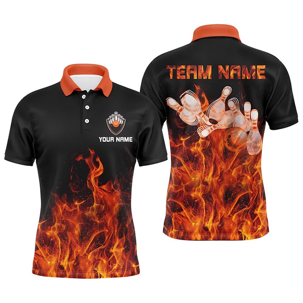 Men Polo Bowling Shirt Orange Flame Bowling Ball And Pins Bowling Polo Shirt For Men Bowler, Personalized Bowling Team Shirt Men Polo Bowling Shirt Orange Flame Bowling Ball And Pins Bowling Polo Shirt For Men Bowler, Personalized Bowling Team Shirt