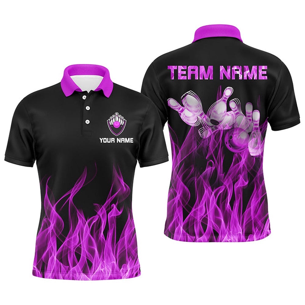 Men Polo Bowling Shirt Purple Flame Bowling Ball And Pins Bowling Polo Shirt For Men Bowler, Personalized Bowling Team Shirt Men Polo Bowling Shirt Purple Flame Bowling Ball And Pins Bowling Polo Shirt For Men Bowler, Personalized Bowling Team Shirt