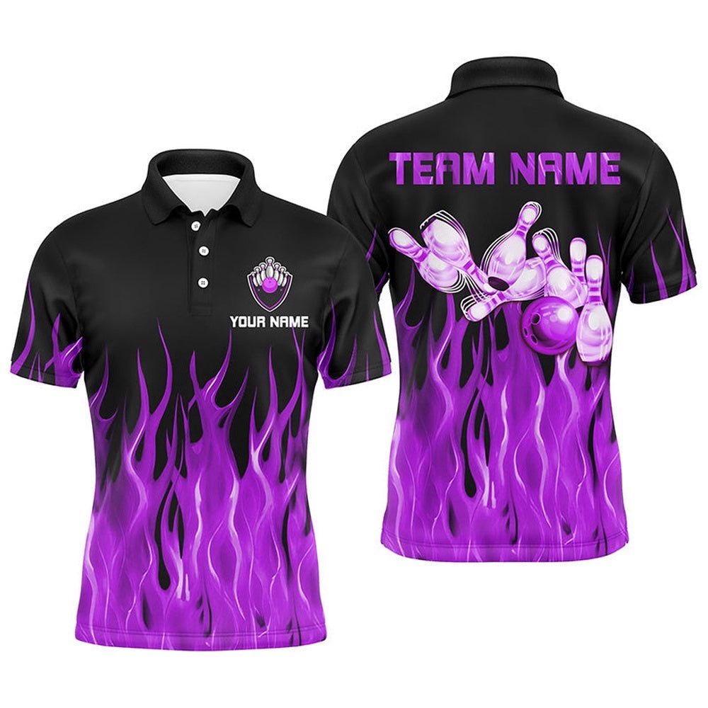 Men Polo Bowling Shirt Purple Flame Bowling Ball Pins Bowling Polo Shirt For Men Bowler, Personalized Bowling Team Shirt Men Polo Bowling Shirt Purple Flame Bowling Ball Pins Bowling Polo Shirt For Men Bowler, Personalized Bowling Team Shirt