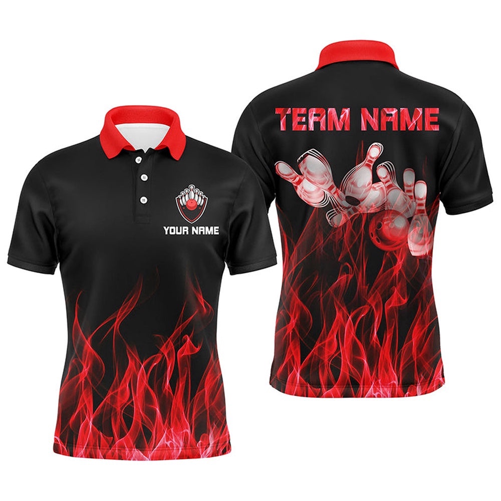 Men Polo Bowling Shirt Red Flame Bowling Ball And Pins Bowling Polo Shirt For Men Bowler, Personalized Bowling Team Shirt Men Polo Bowling Shirt Red Flame Bowling Ball And Pins Bowling Polo Shirt For Men Bowler, Personalized Bowling Team Shirt