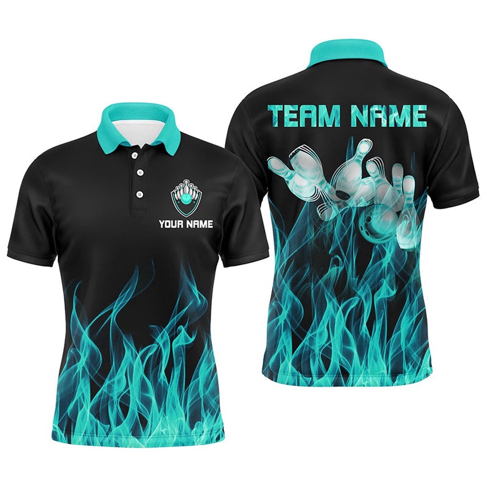 Men Polo Bowling Shirt Turquoise Flame Bowling Ball Pins Bowling Polo Shirt For Men Bowler, Personalized Bowling Team Shirt Men Polo Bowling Shirt Turquoise Flame Bowling Ball Pins Bowling Polo Shirt For Men Bowler, Personalized Bowling Team Shirt
