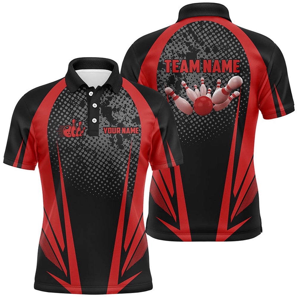Men’s Bowling Short Sleeve Polo Custom Bowling Ball And Pins Black And Red Team Men Bowlers Polo Shirt, Personalized Bowling Team Shirt Men’s Bowling Short Sleeve Polo Custom Bowling Ball And Pins Black And Red Team Men Bowlers Polo Shirt, Personalized Bowling Team Shirt