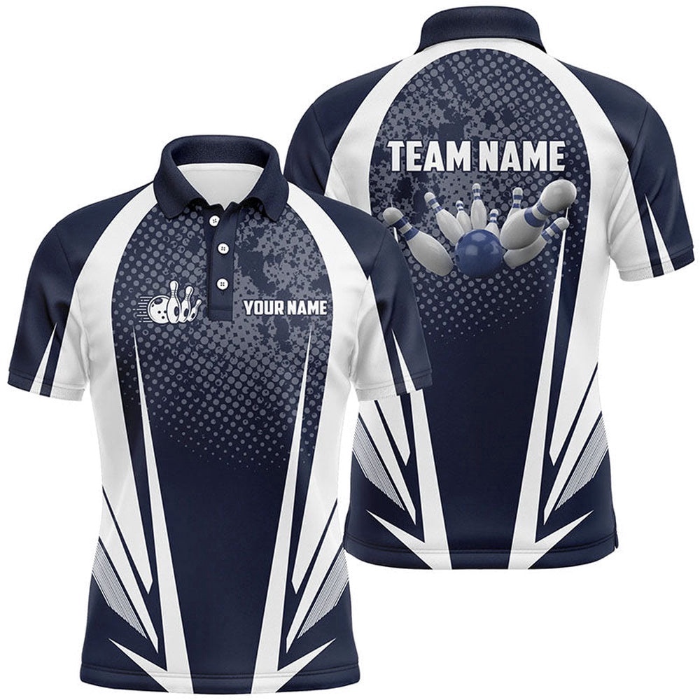 Men’s Bowling Short Sleeve Polo Custom Bowling Ball And Pins Navy And White Team Men Bowlers Polo Shirt, Personalized Bowling Team Shirt Men’s Bowling Short Sleeve Polo Custom Bowling Ball And Pins Navy And White Team Men Bowlers Polo Shirt, Personalized Bowling Team Shirt