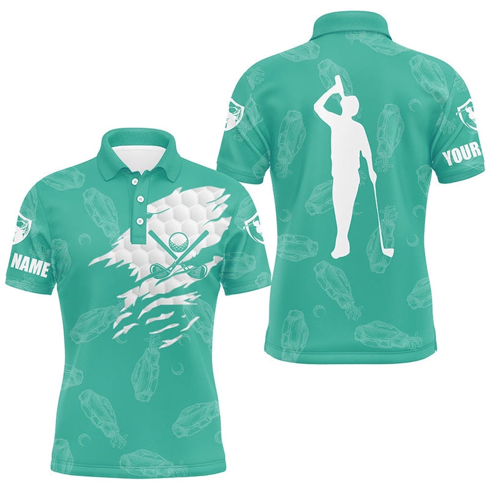 Men’s Golf Polo Shirt Custom Name Golf Clubs Pattern Shirt Turquoise, Golf Polo Shirt, Golf Shirts